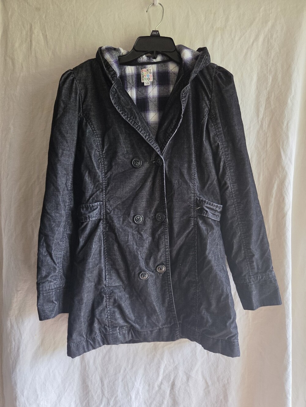 Roxy Peacoat Girls XL Hooded Corduroy Quilted Flannel Pockets Cozy Fall Winter